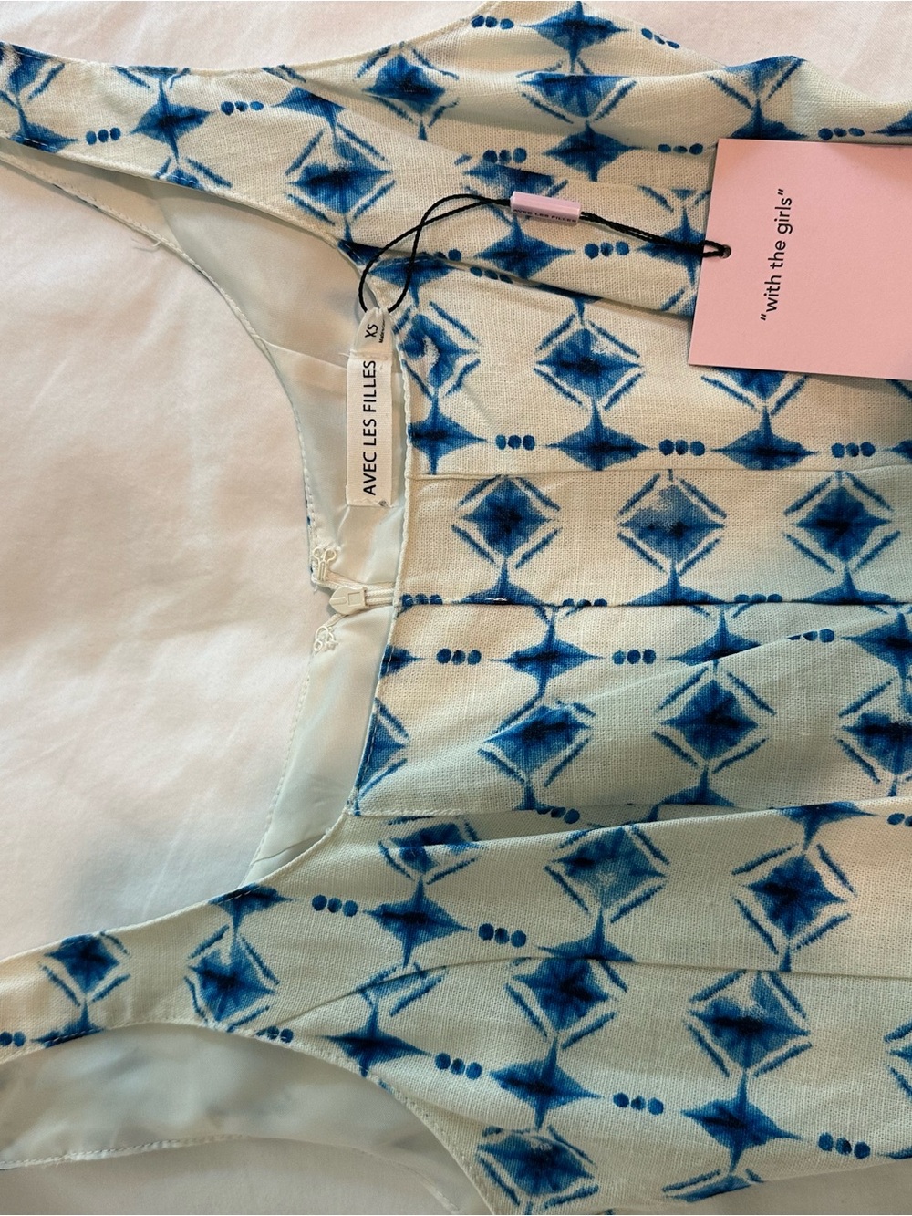 NWT Avec Les Filles Blue White Geometric Linen Blend Midi Dress Womens size XS